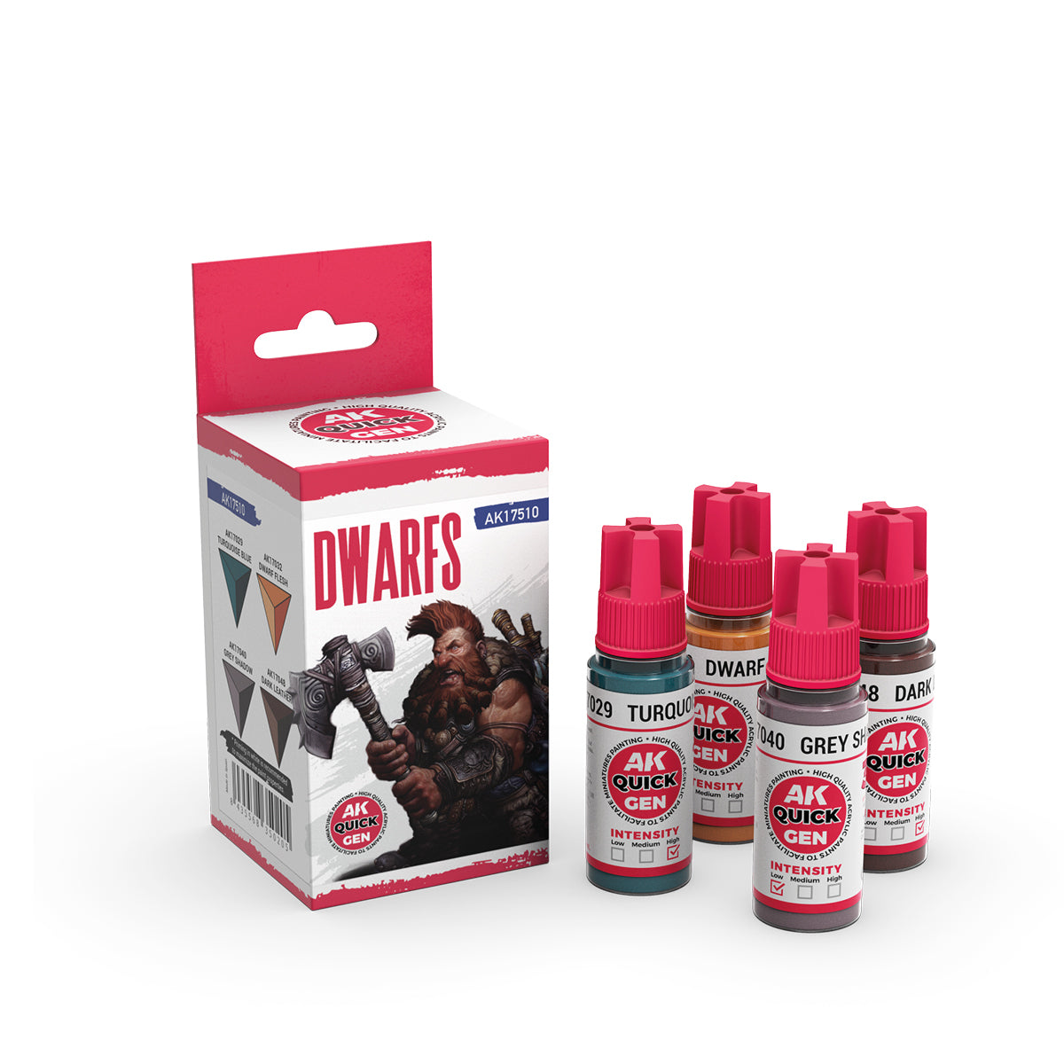 AK Interactive Quick Gen Dwarfs Set with earthy contrast paints for miniatures, including browns, greys, and skin tones, matte finish.