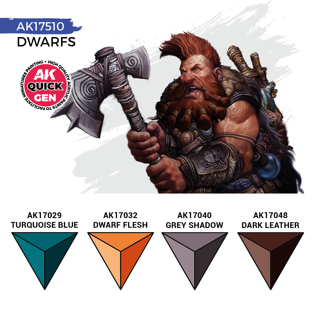 AK Interactive Quick Gen Dwarfs Set with earthy, leather, and skin tone contrast paints for detailed miniature painting.