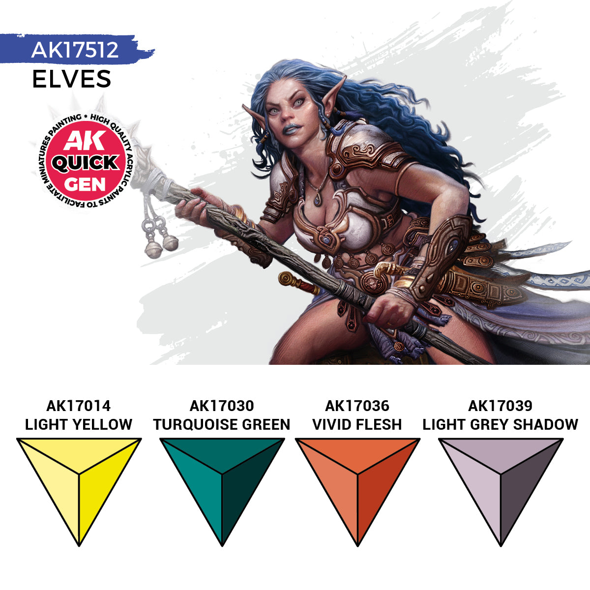 AK Interactive Quick Gen Elves Set featuring natural tones for elf miniatures with greens, flesh, and silvery shades.
