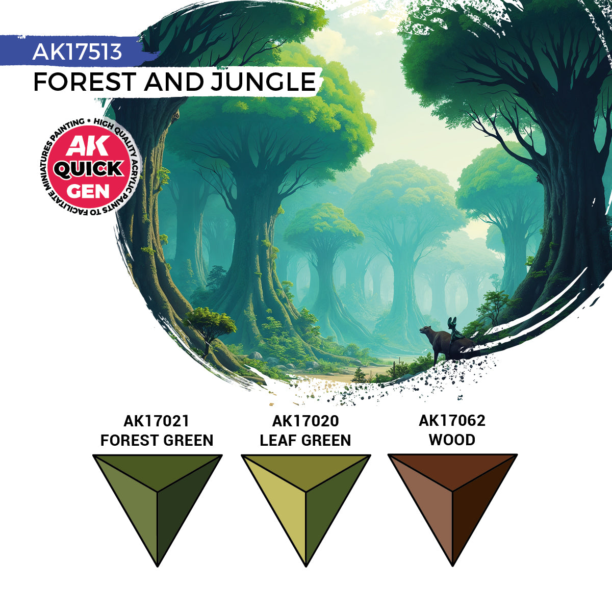 AK Interactive Quick Gen Forest & Jungle Set with lush greens and browns for vibrant tropical and jungle terrain painting.