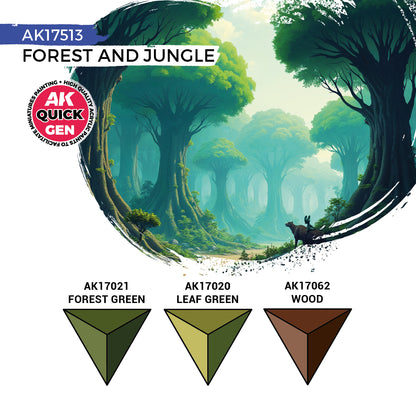 AK Interactive Quick Gen Forest & Jungle Set with lush greens and browns for vibrant tropical and jungle terrain painting.