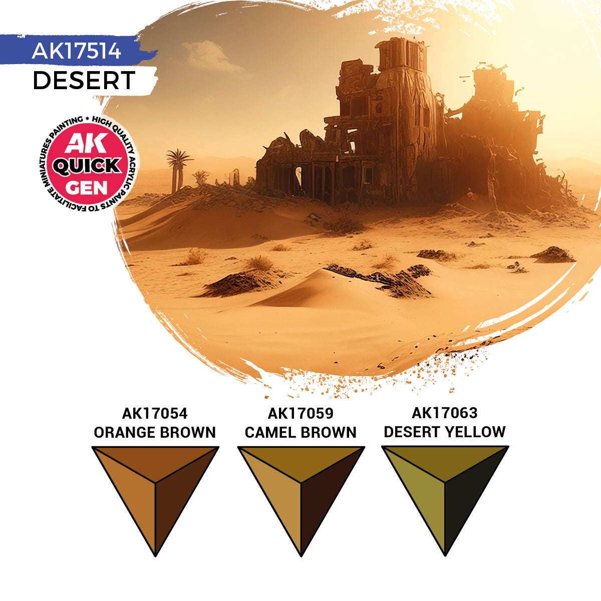 AK Interactive Quick Gen Desert Set featuring Orange Brown, Camel Brown, and Desert Yellow contrast paints for desert terrain.