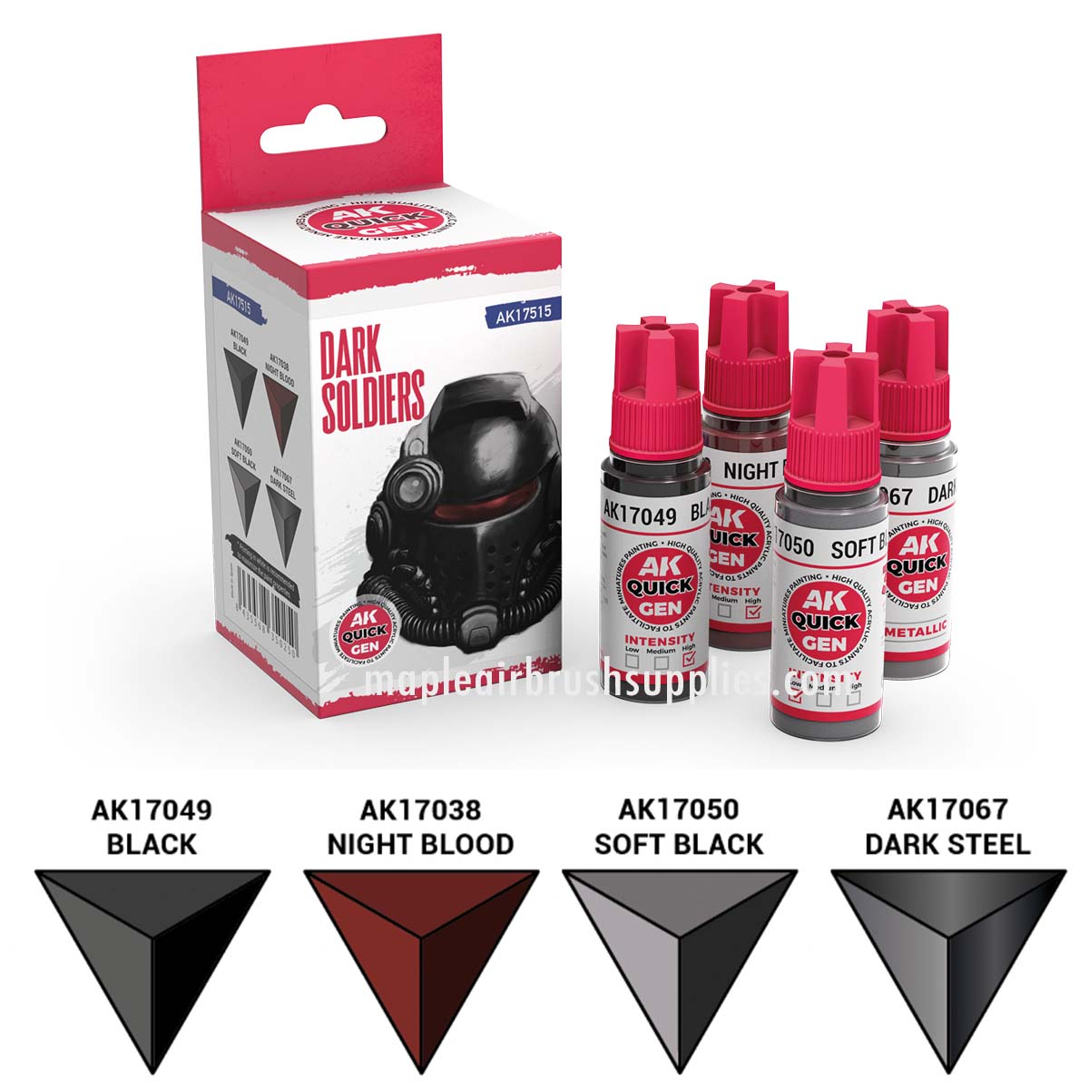 AK Interactive Quick Gen Dark Soldiers Set with dark grey, muted blue, and black contrast paints for miniatures.