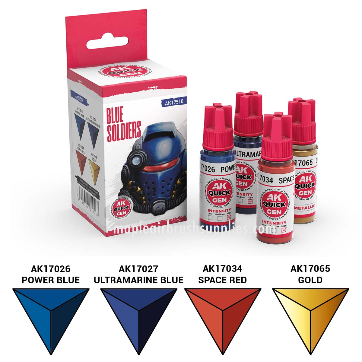 AK Interactive Quick Gen Winter Blue Soldiers Set with blue, red, and gold contrast paints for miniature winter gear and armor.