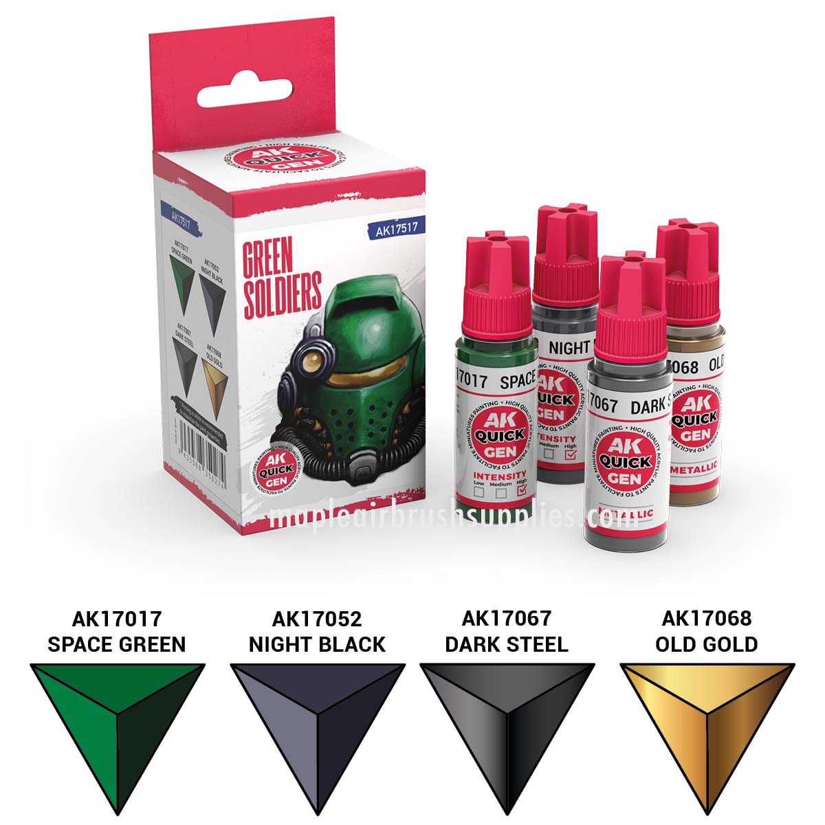 AK Interactive Quick Gen Green Soldiers Set includes space green, night black, dark steel, and old gold contrast paints for miniature army uniforms.