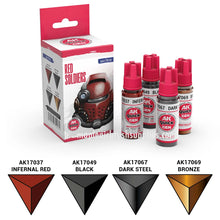 AK Interactive Quick Gen Red Soldiers Set with 18ml bottles of Infernal Red, Black, Dark Steel, and Bronze contrast paints.