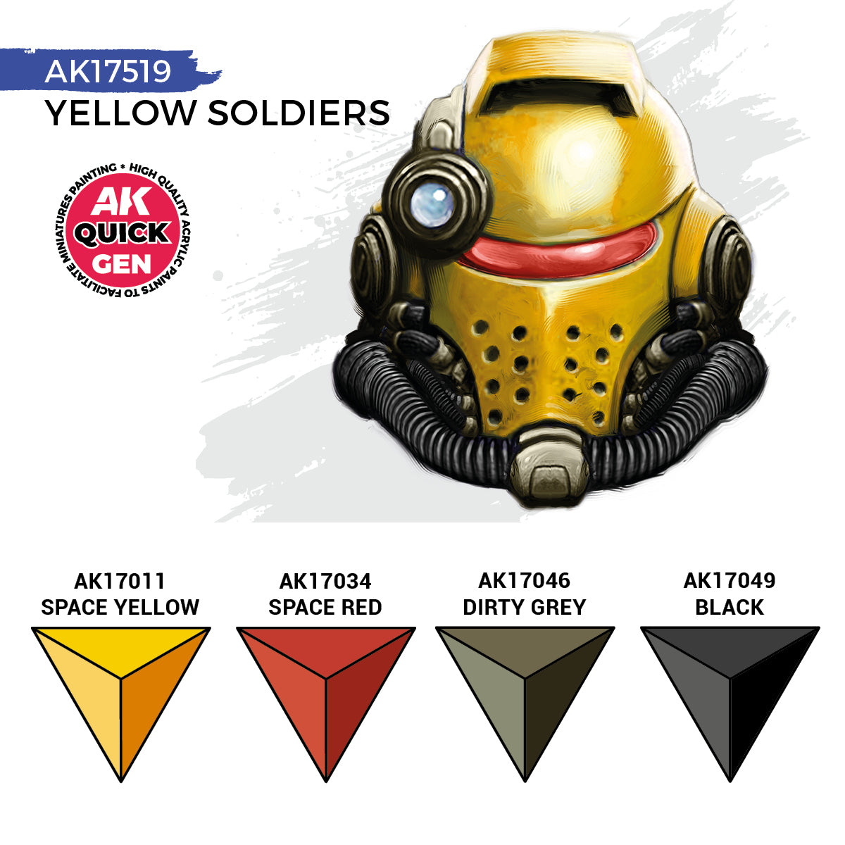 AK Interactive Quick Gen Yellow Soldiers Set showing vibrant ochre yellow and complementary paint shades for sci-fi miniatures.