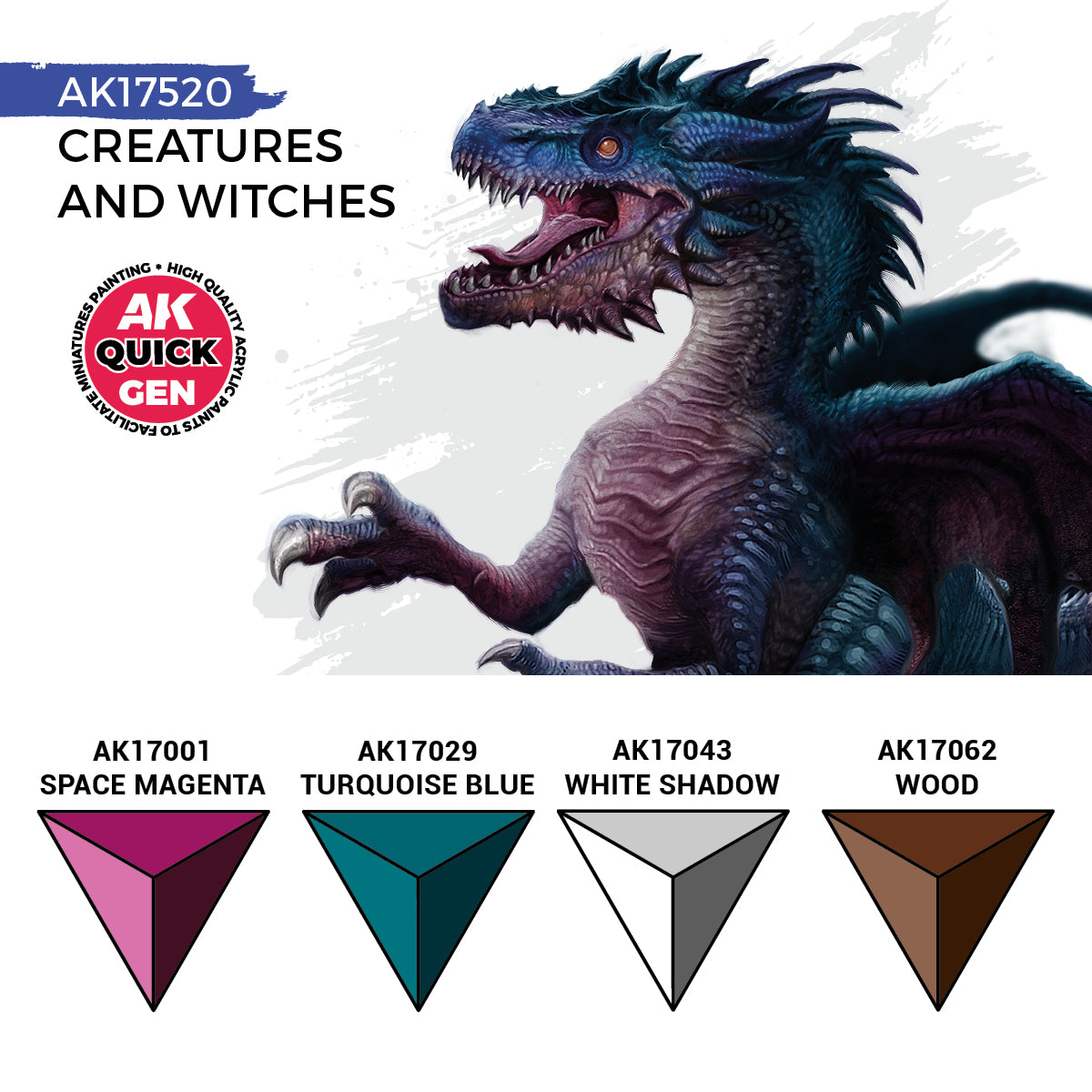 AK Interactive Quick Gen Creatures And Witches Set with eerie greens, purples, and tones for painting fantasy beasts and witches.