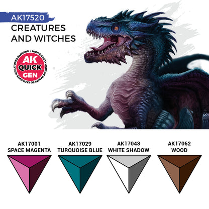 AK Interactive Quick Gen Creatures And Witches Set with eerie greens, purples, and tones for painting fantasy beasts and witches.