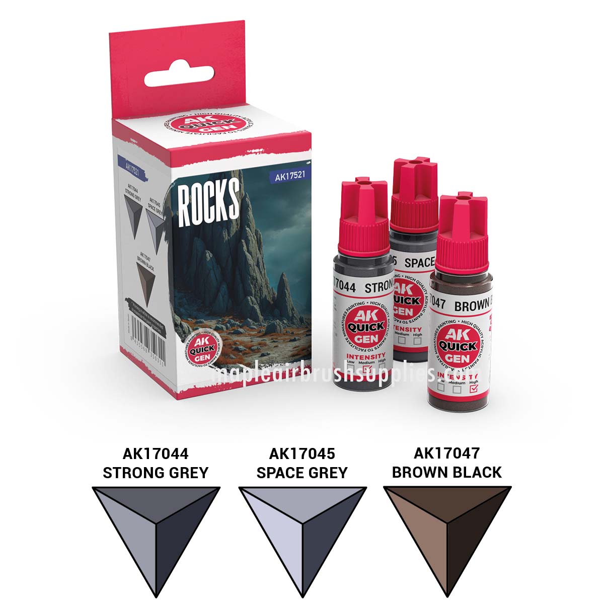 AK Interactive Quick Gen Rocks Set with Strong Grey, Space Grey, and Brown Black contrast paints for realistic terrain effects.