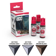 AK Interactive Quick Gen Rocks Set with Strong Grey, Space Grey, and Brown Black contrast paints for realistic terrain effects.