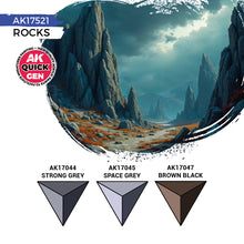 AK Interactive Quick Gen Rocks Set showcasing stone-tone contrast paints Strong Grey Space Grey Brown Black for realistic terrain bases