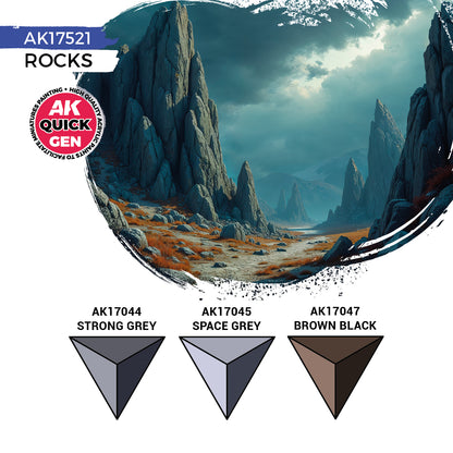 AK Interactive Quick Gen Rocks Set showcasing stone-tone contrast paints Strong Grey Space Grey Brown Black for realistic terrain bases