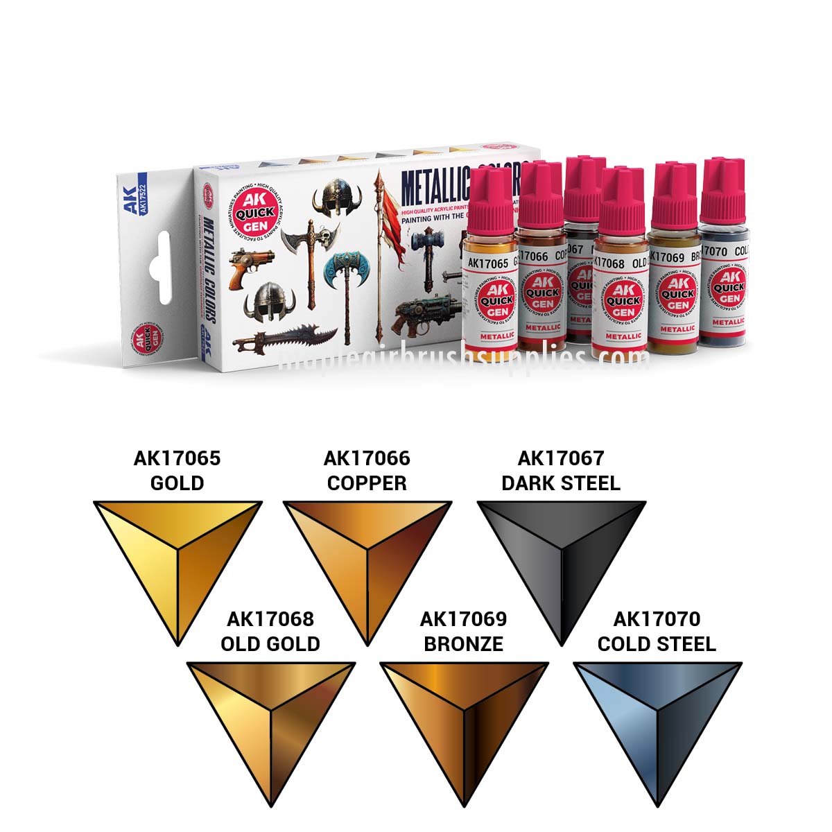 AK Interactive Quick Gen Metallics Set with gold, copper, dark steel, old gold, bronze, and cold steel contrast paints.
