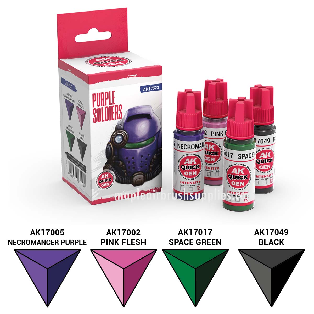 AK Interactive Quick Gen Purple Soldiers Set with deep purples, pink flesh, space green, and black contrast paints for miniatures.