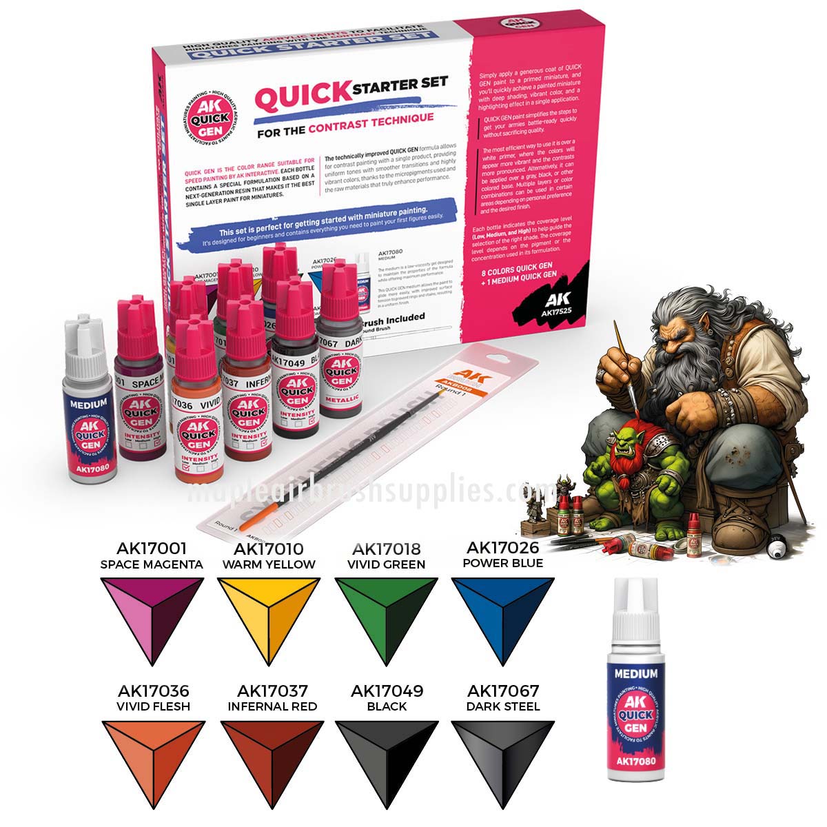 AK Interactive Quick Gen Quick Starter 1 Brush set with contrast paints in essential colors for miniature painting.