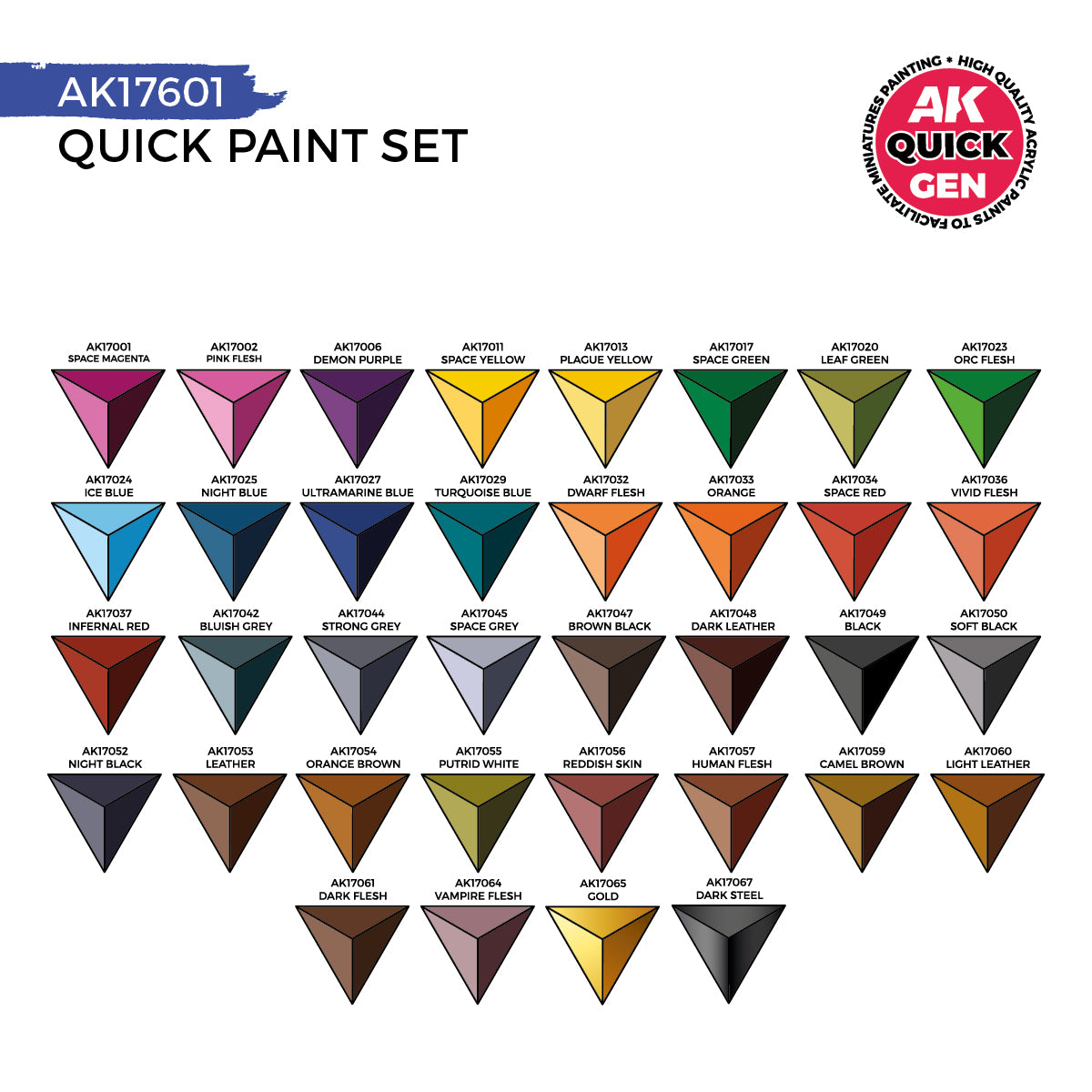 AK Interactive Quick Gen Quick Paint Set 36 Colors 2 Brushes features 36 matte contrast paints for miniatures and terrain.