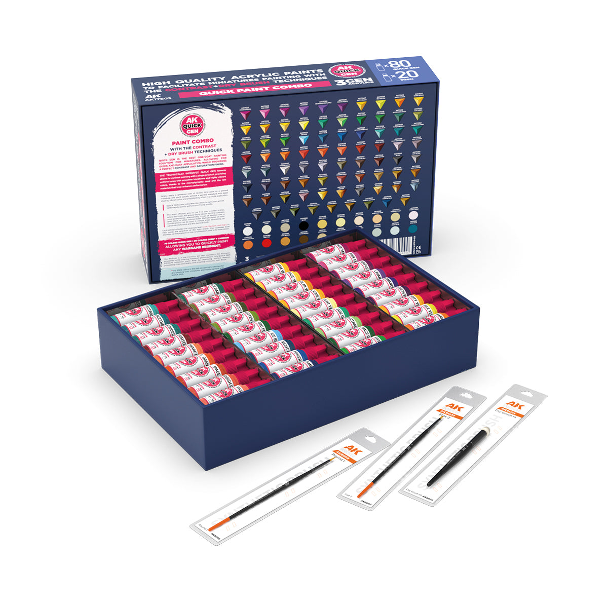AK Interactive Quick Gen Quick Paint Combo Set 100 Colors with diverse matte acrylic paints and detailed brushes for precise miniature painting.