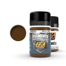 AK Ocher Rust pigment bottle showing fine dry pigment powder ideal for realistic earthy textures by AK Interactive.