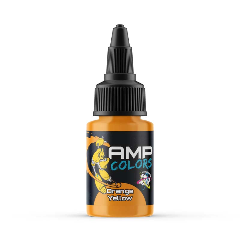 AMP Pro Acryl Colors Orange Yellow acrylic paint bottle with precise applicator tip and vibrant orange-yellow pigment.
