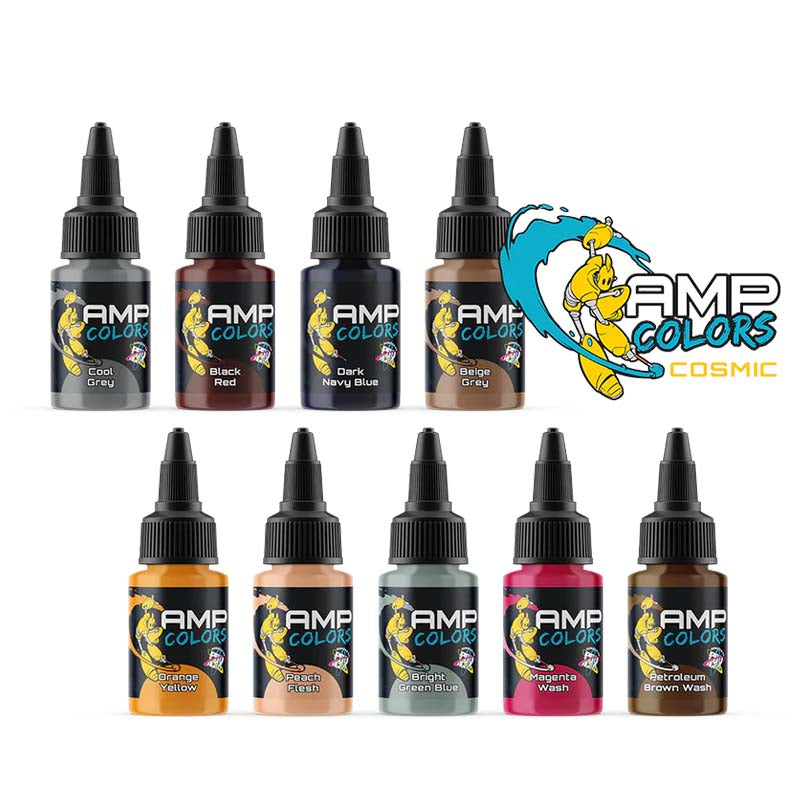 AMP Pro Acryl Colors Cosmic Paint Set #1 with ten vibrant acrylic paint bottles for detailed artistic projects.