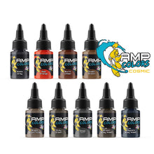 AMP Pro Acryl Colors Cosmic Paint Set #2 featuring ten detailed acrylic paint bottles in various earthy and cosmic shades.