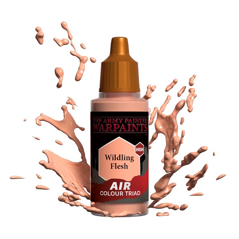 The Army Painter Air Wildling Flesh paint bottle with splashing flesh-toned paint for miniature airbrush use.