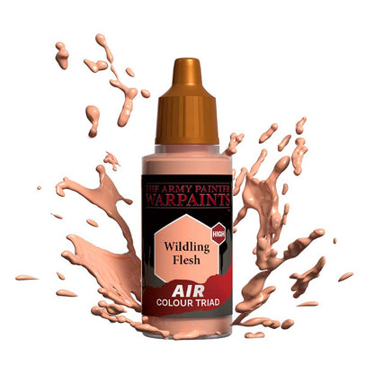 The Army Painter Air Wildling Flesh paint bottle with splashing flesh-toned paint for miniature airbrush use.