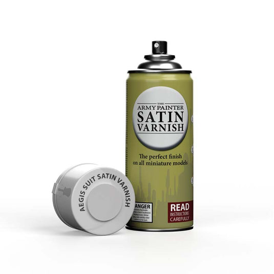 The Army Painter Colour Primer Spray Paint Aegis Suit Satin Varnish aerosol can with cap for miniature painting.