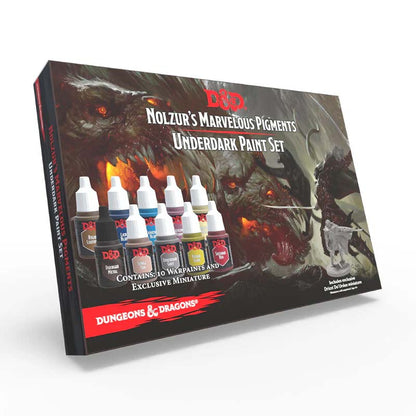 The Army Painter Nolzur's Pigments D&D Underdark Paint Set with 10 acrylic paints and exclusive Drizzt miniature.