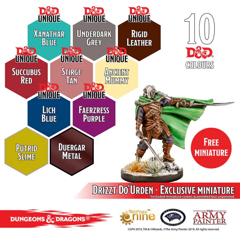 The Army Painter Nolzur's Pigments D&D Underdark Paint Set with 10 unique colors and exclusive Drizzt miniature.