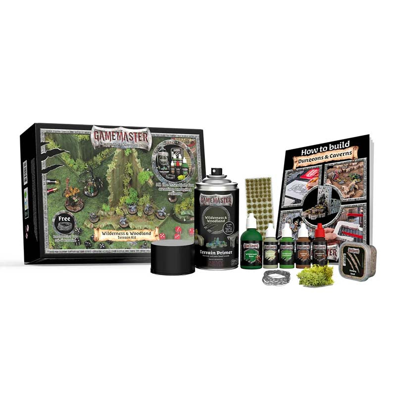 The Army Painter Gamemaster Wilderness and Woodland Terrain Kit with paints, primer, basing materials, and scenic tufts.