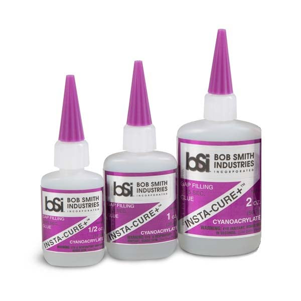 BSI Insta-Cure & Gap Filling CA Glue bottles in 1/2 oz, 1 oz, and 2 oz sizes for strong gap-filling bonds.