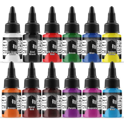 Pro Acryl Base Set showing 12 vibrant 22ml paint bottles including Bold Titanium White, Coal Black, Red, Green, Blue, and Yellow.