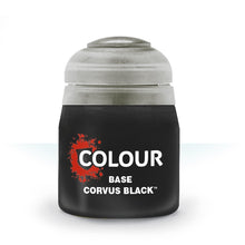 Games Workshop Citadel Base Corvus Black 12ml base paint with high pigment load for rich matte coverage.