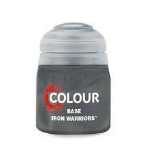 Citadel Base Iron Warriors paint pot in Iron Hands Steel color with rich pigmentation and smooth matte finish.