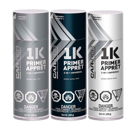 Car-Rep 1K Aerosol 2-in-1 Universal Primer spray cans in gray, black, and white for versatile surface priming.