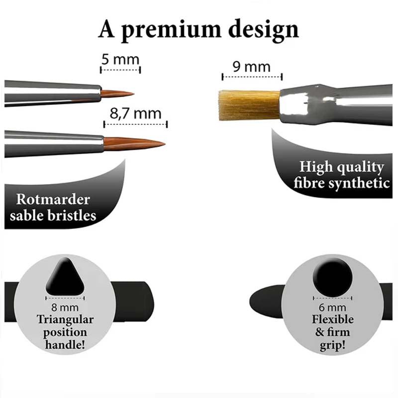 GAMEMASTER Character Brush Set with triangular handles, sable bristles, and synthetic fiber brushes for detailed character painting.