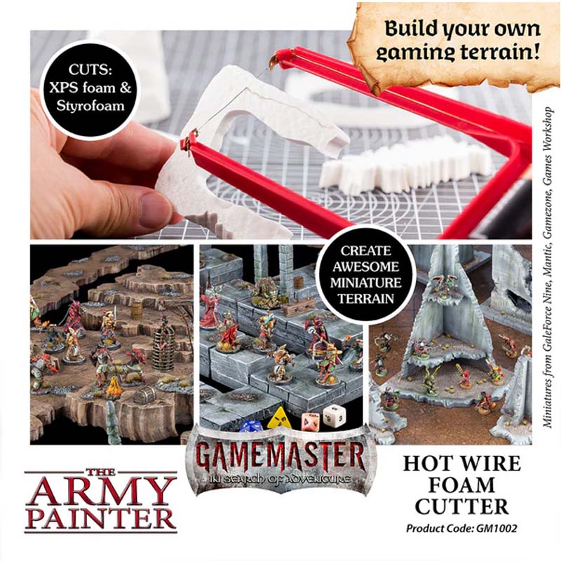 GAMEMASTER Hot Wire Foam Cutter cutting XPS foam for detailed miniature gaming terrain and scenery creation.