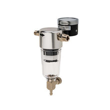 Moisture Trap W/Gauge (Older IS800) with metal fittings and clear moisture collection chamber for industrial use.