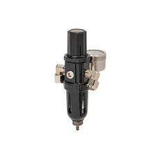 Left Reg/Trap W/Gauge (IS975) with integrated pressure gauge and metal fittings for precise air regulation and filtration.