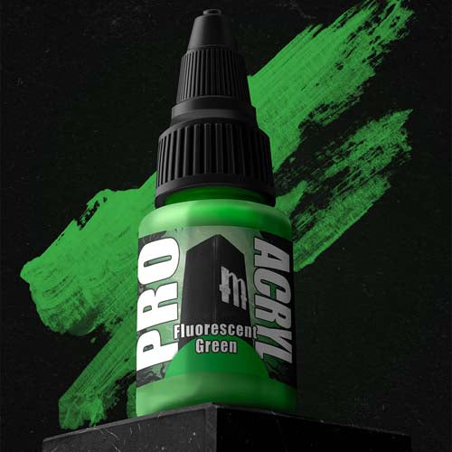 Pro Acryl Fluorescent Green premium acrylic paint with vibrant fluorescent pigment in a 22ml bottle for models and scenics.