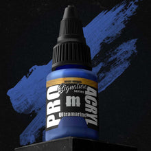 Pro Acryl Rogue Hobbies Ultramarine paint bottle with vibrant blue acrylic color swatch on black background