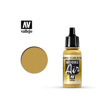 Vallejo Model Air No17 Earth Yellow acrylic paint bottle with color swatch for model airbrush painting projects.