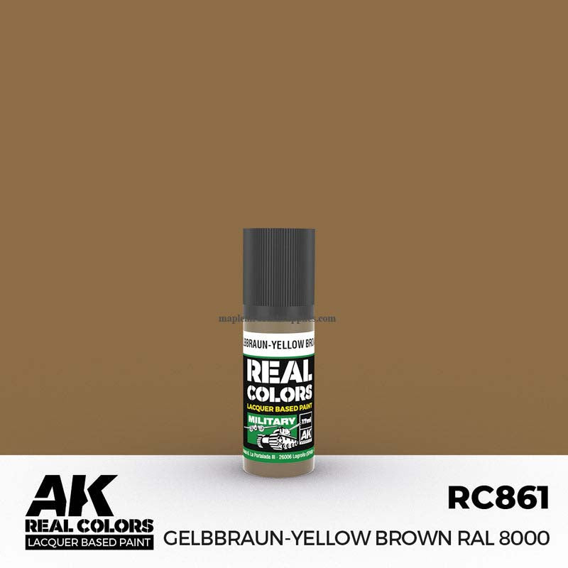 AK Interactive Real Colors Gelbbraun-Yellow Brown RAL 8000 lacquer paint bottle for military model detailing.