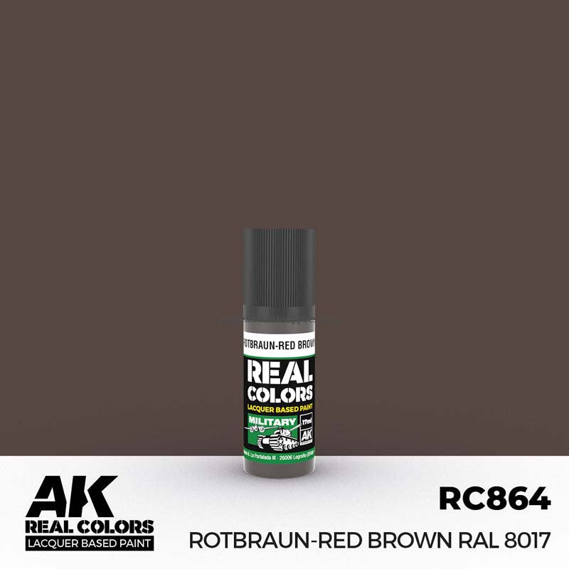 AK Interactive Real Colors Rotbraun-Red Brown RAL 8017 lacquer paint bottle with matching brown color swatch background