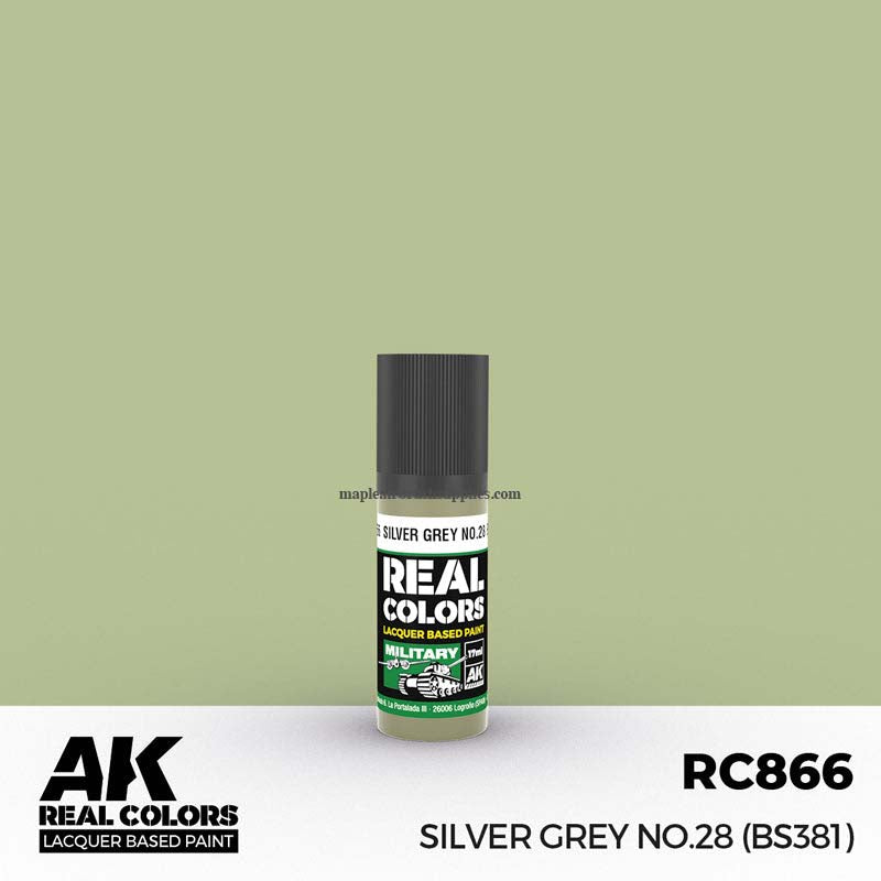 AK Interactive Real Colors Silver Grey No.28 (BS381) lacquer paint bottle for detailed military model weathering.