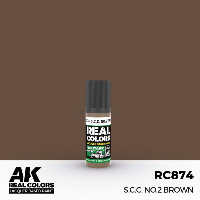 AK Interactive Real Colors S.C.C. No.2 Brown lacquer paint bottle with a rich brown color for military model detailing.