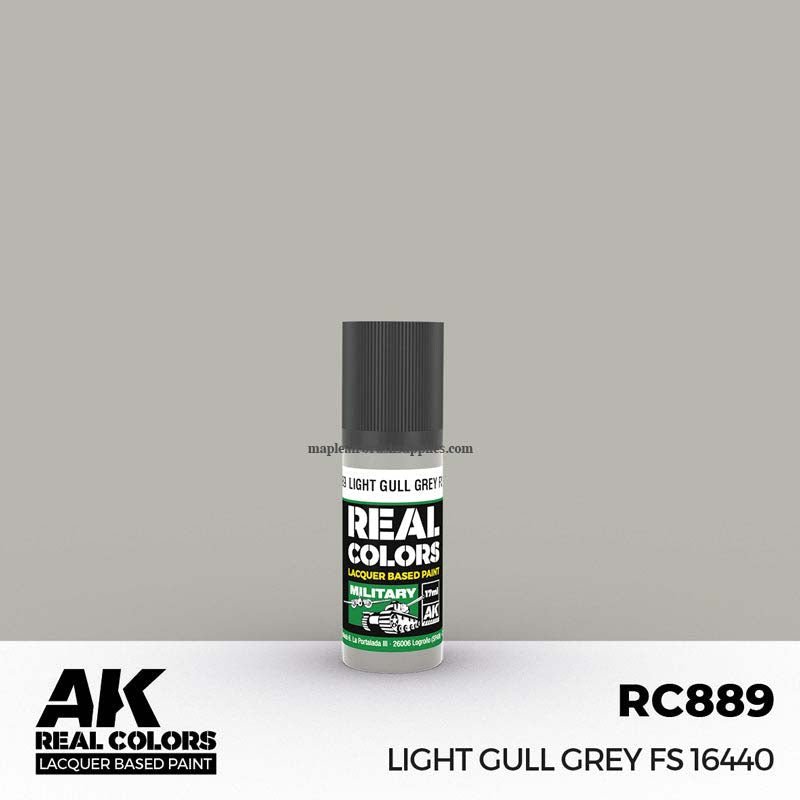 AK Interactive Real Colors Light Gull Grey FS 16440 lacquer paint bottle for accurate military model weathering and detailing.
