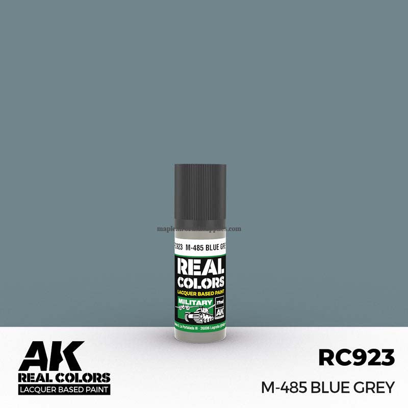 AK Interactive Real Colors M-485 Blue Grey lacquer paint for military models with durable, low build, and sprayable finish.